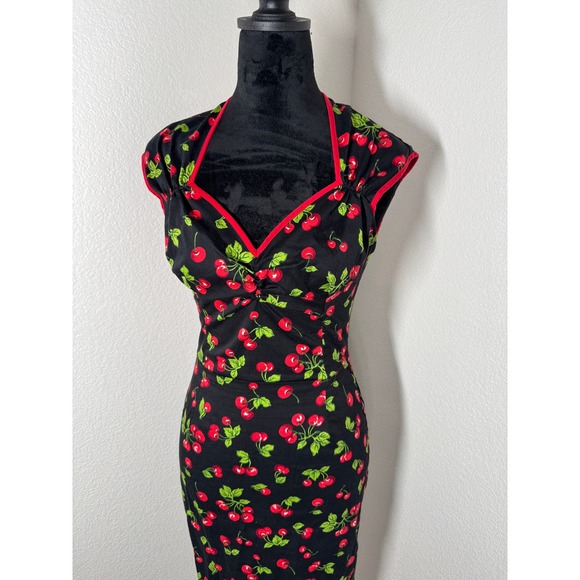 Vintage Pinup Couture Rockabilly Cherry Print Fitted Midi Dress M Made in USA - Picture 1 of 9